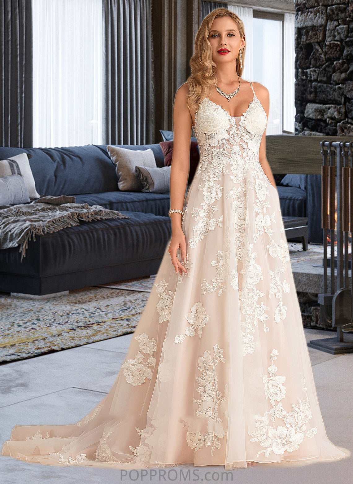 Aaliyah Ball-Gown/Princess V-neck Court Train Tulle Lace Wedding Dress With Beading Pockets PP6P0013679