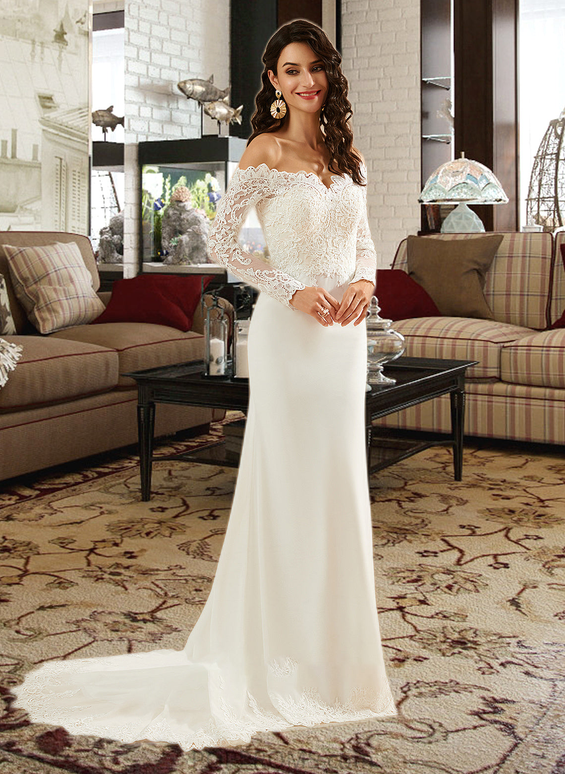 Maud Trumpet/Mermaid Off-the-Shoulder Court Train Wedding Dress With Lace PP6P0013680