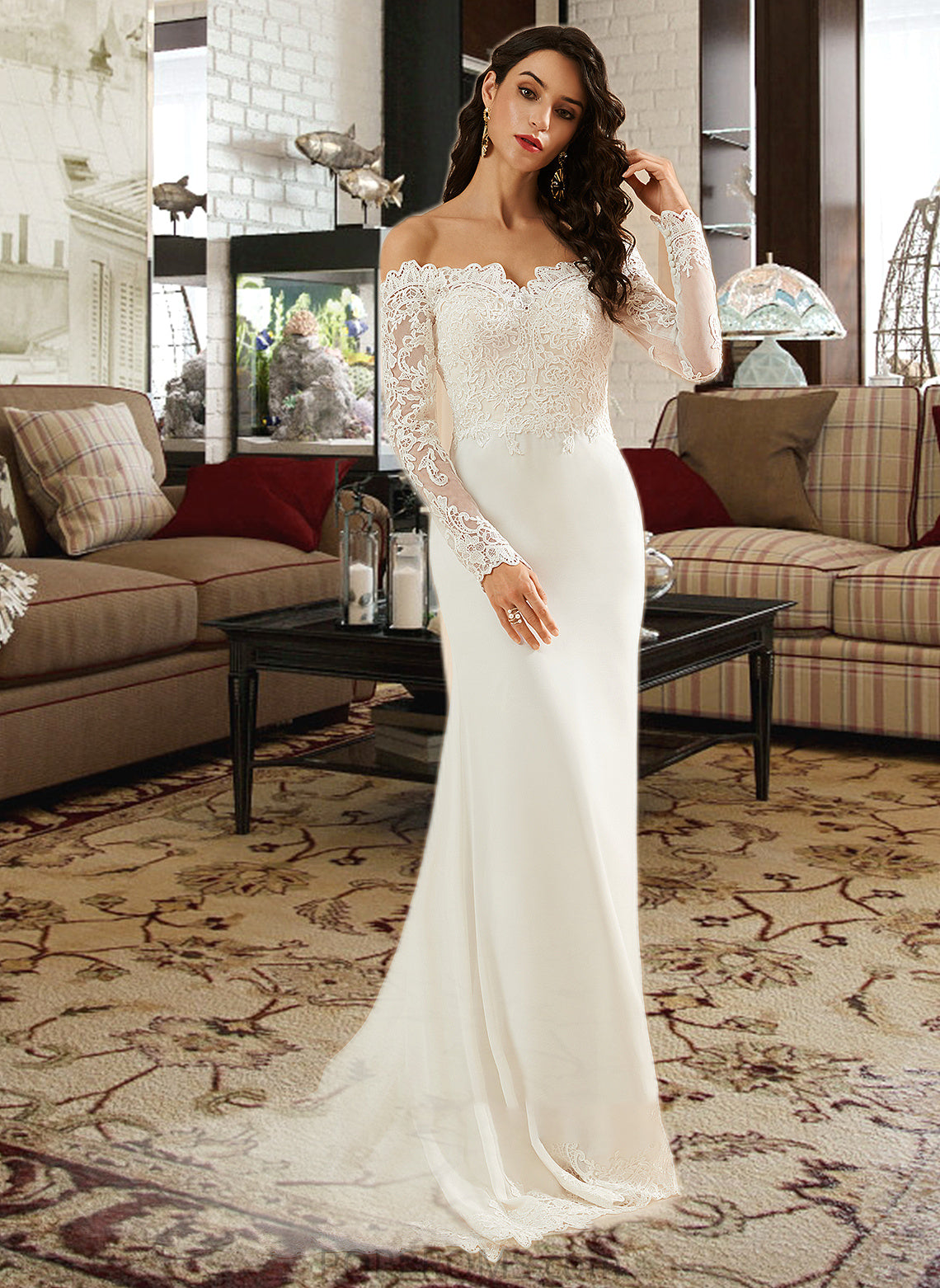 Maud Trumpet/Mermaid Off-the-Shoulder Court Train Wedding Dress With Lace PP6P0013680