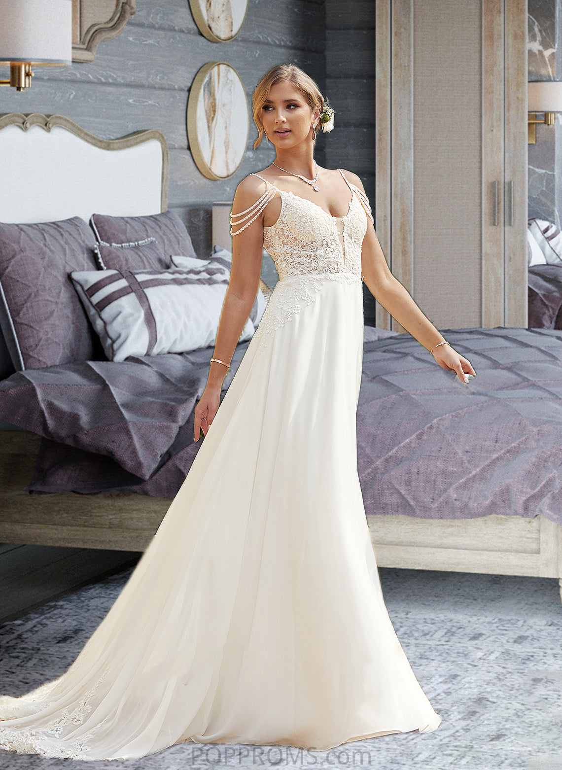 Cassie A-Line V-neck Sweep Train Chiffon Lace Wedding Dress With Beading Sequins PP6P0013681