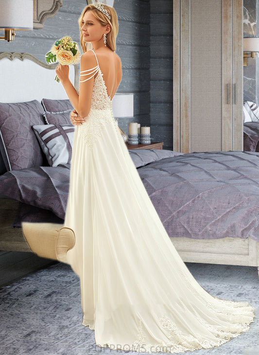 Cassie A-Line V-neck Sweep Train Chiffon Lace Wedding Dress With Beading Sequins PP6P0013681