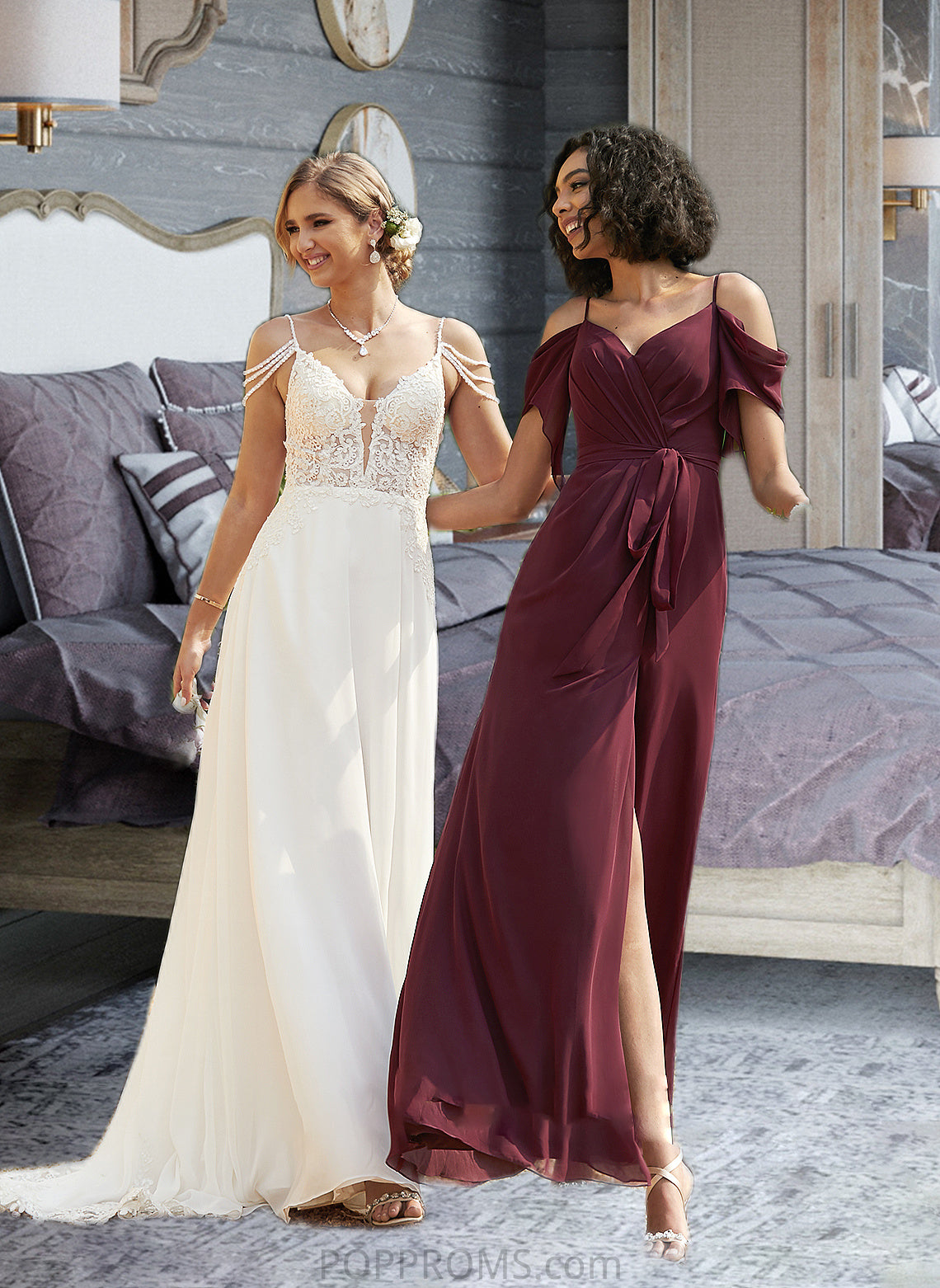 Cassie A-Line V-neck Sweep Train Chiffon Lace Wedding Dress With Beading Sequins PP6P0013681