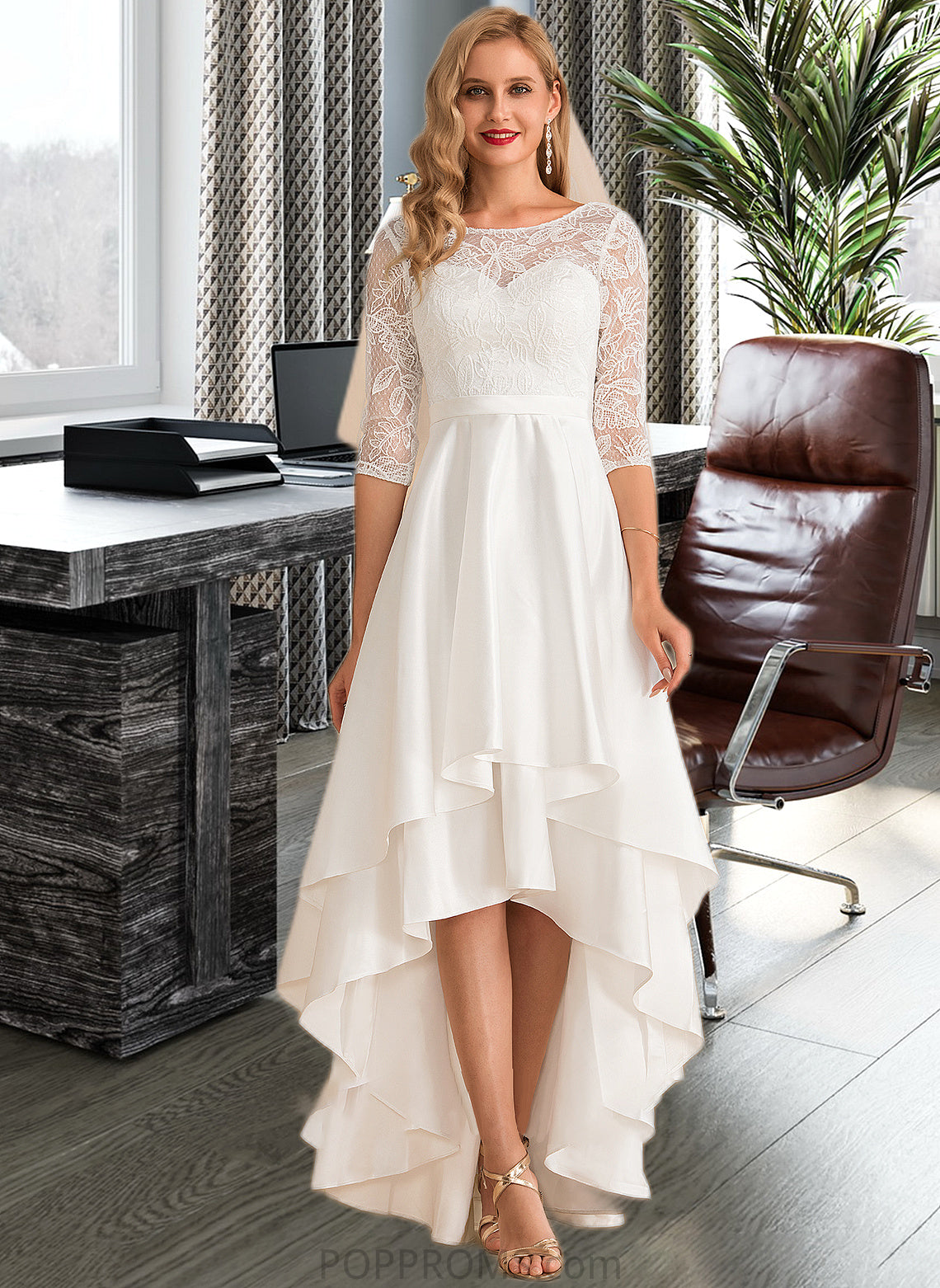 Destinee A-Line Scoop Neck Asymmetrical Satin Lace Wedding Dress PP6P0013684