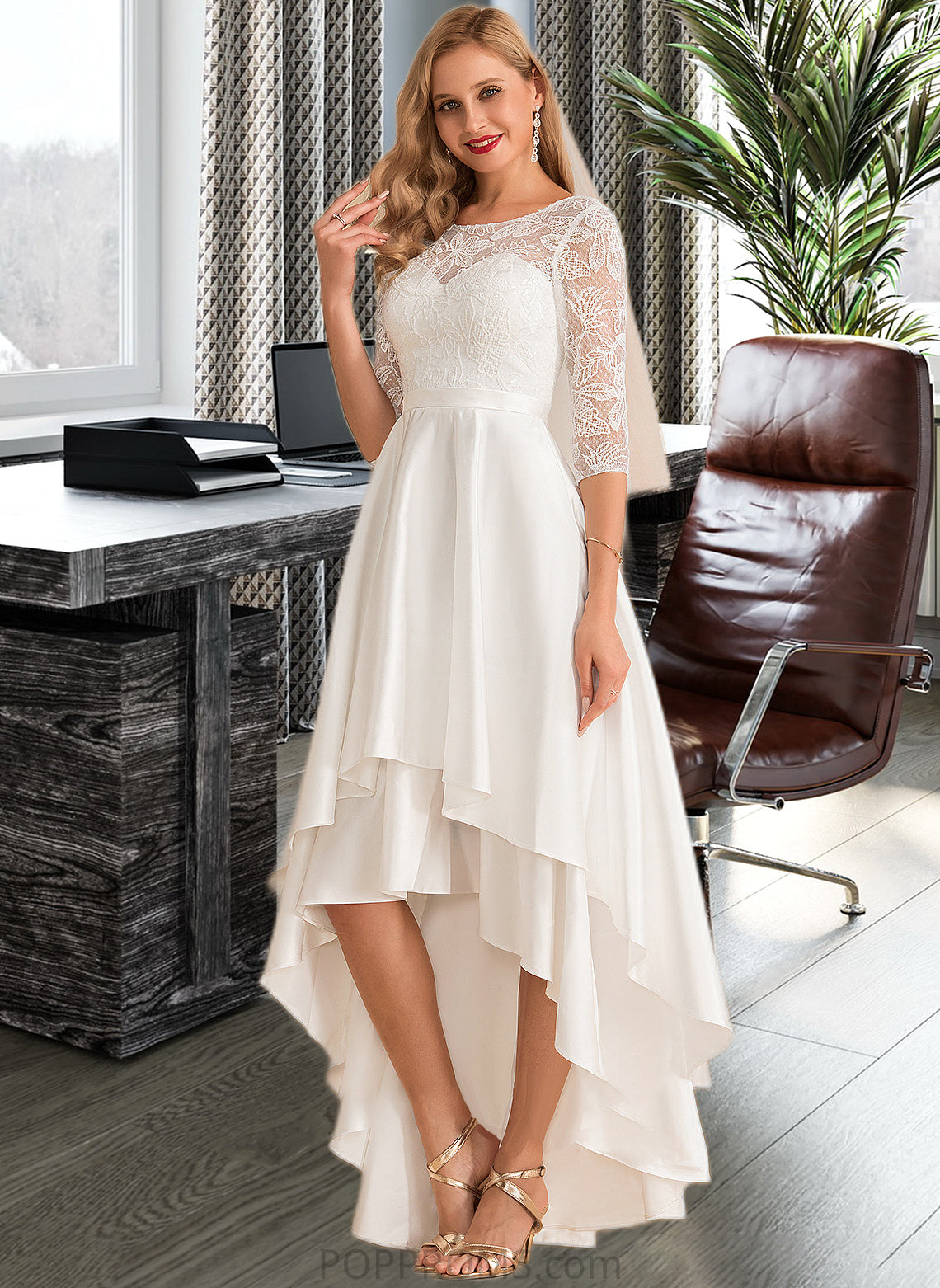 Destinee A-Line Scoop Neck Asymmetrical Satin Lace Wedding Dress PP6P0013684