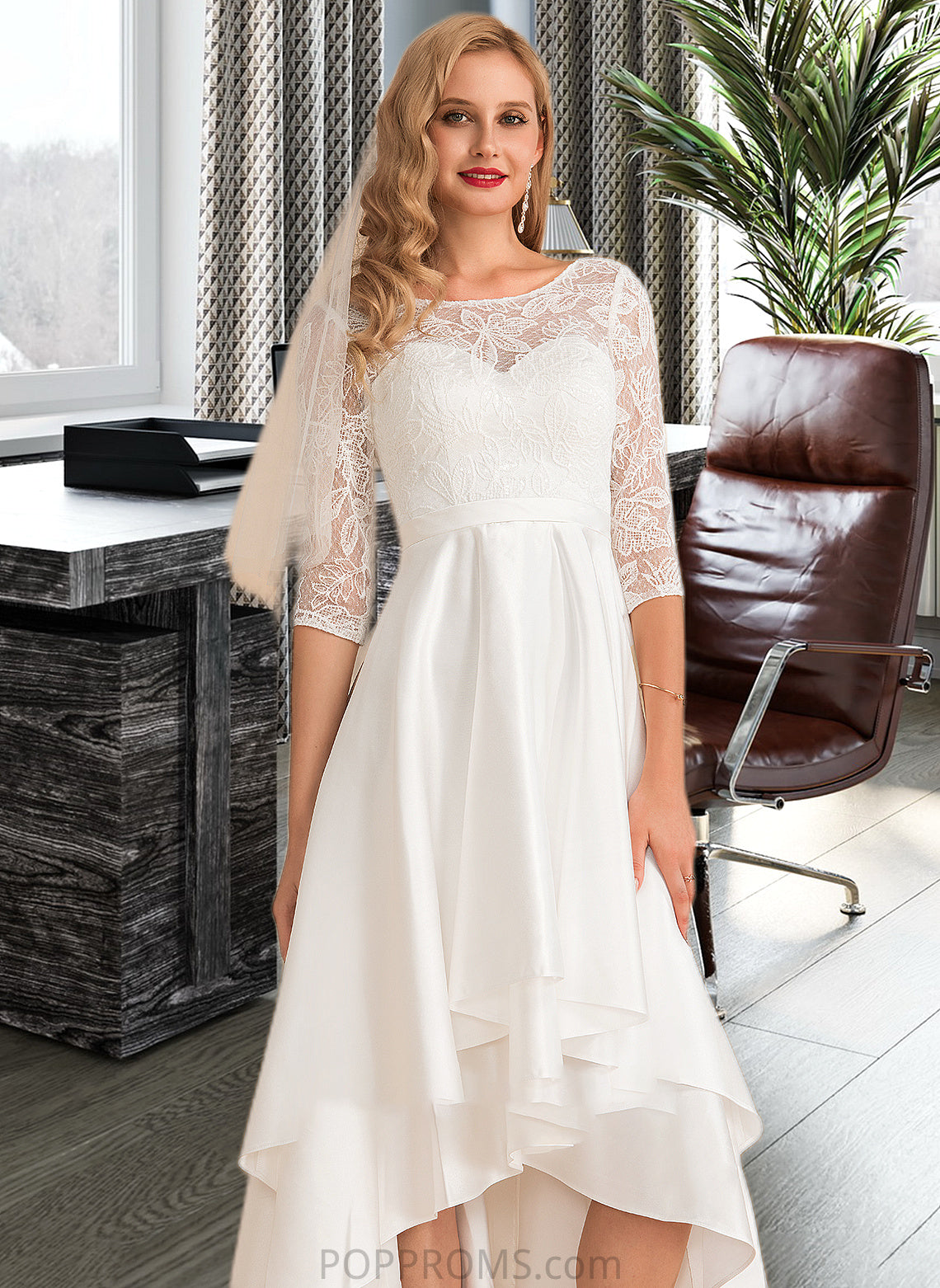 Destinee A-Line Scoop Neck Asymmetrical Satin Lace Wedding Dress PP6P0013684