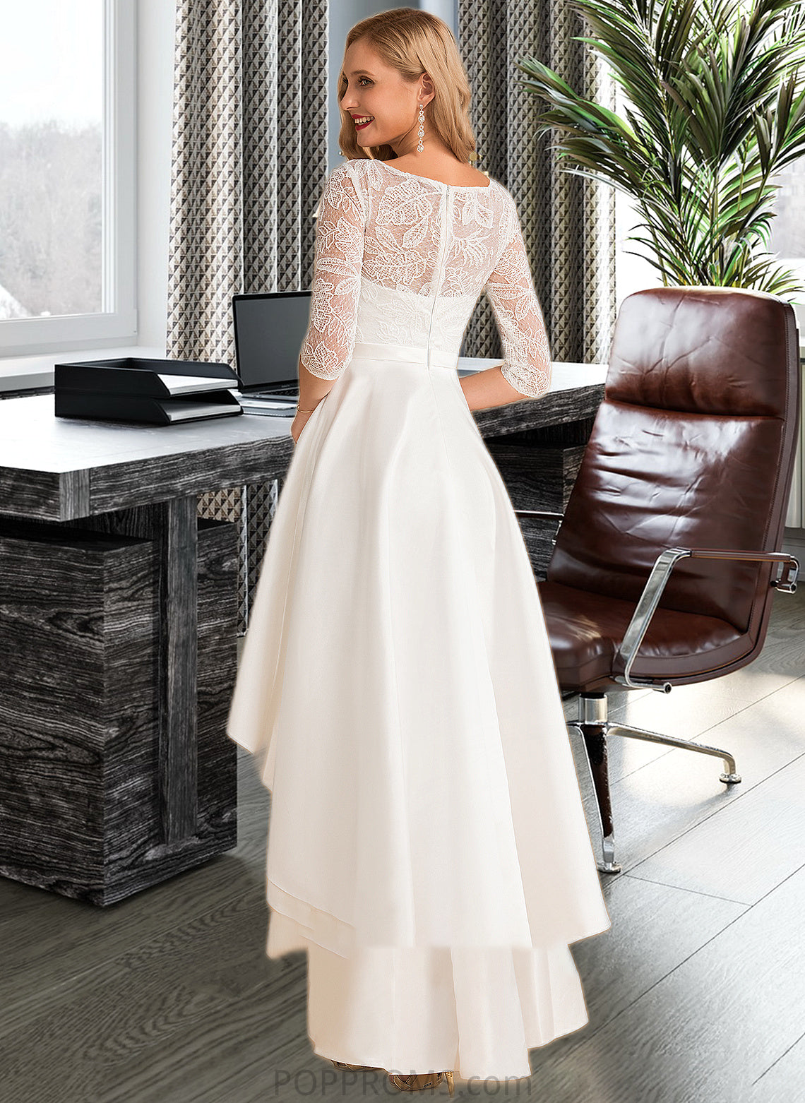 Destinee A-Line Scoop Neck Asymmetrical Satin Lace Wedding Dress PP6P0013684