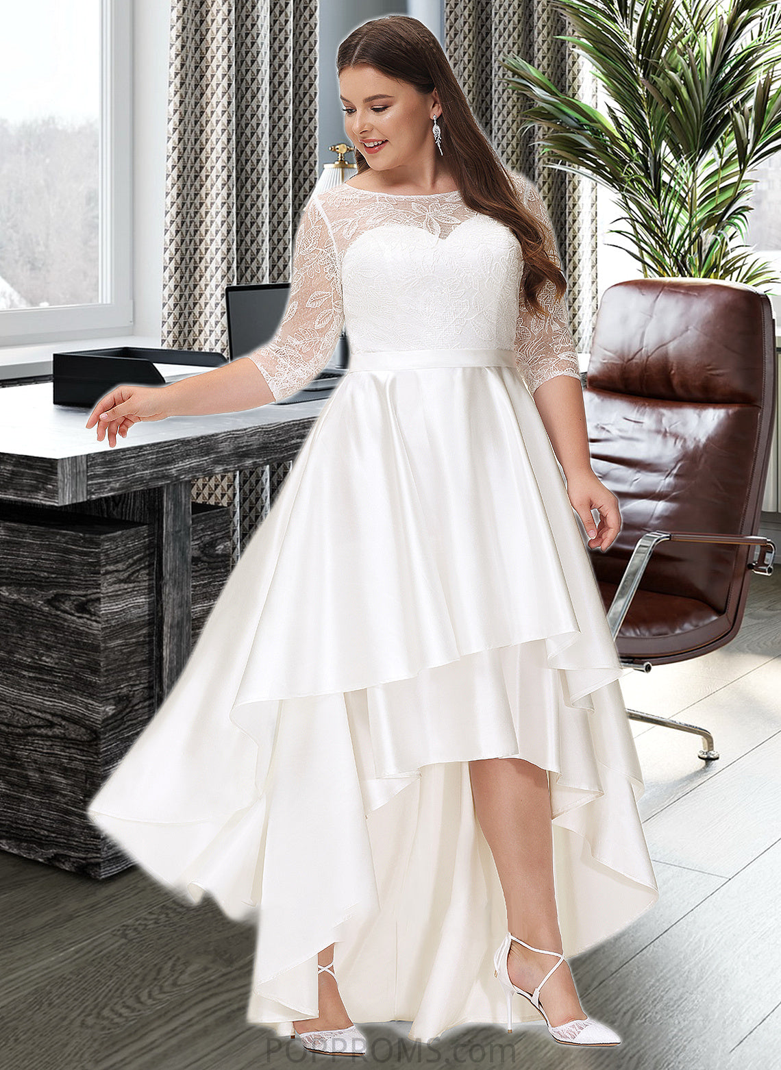 Destinee A-Line Scoop Neck Asymmetrical Satin Lace Wedding Dress PP6P0013684