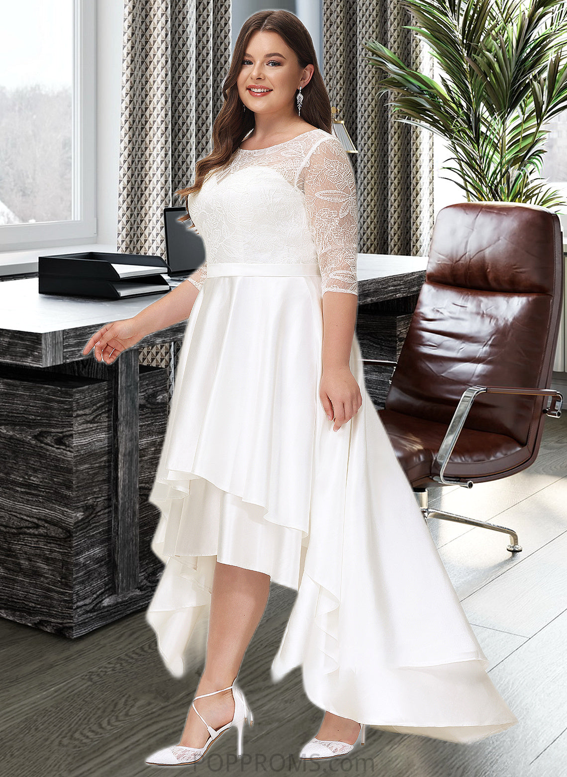 Destinee A-Line Scoop Neck Asymmetrical Satin Lace Wedding Dress PP6P0013684