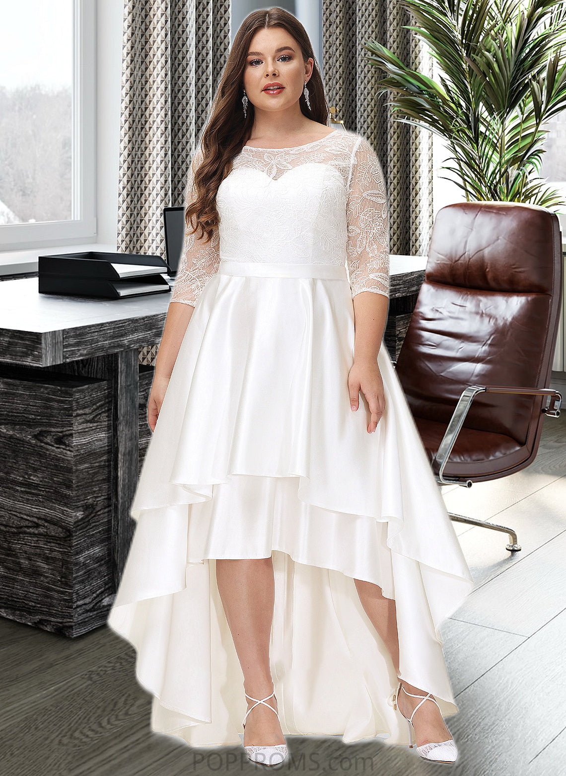 Destinee A-Line Scoop Neck Asymmetrical Satin Lace Wedding Dress PP6P0013684