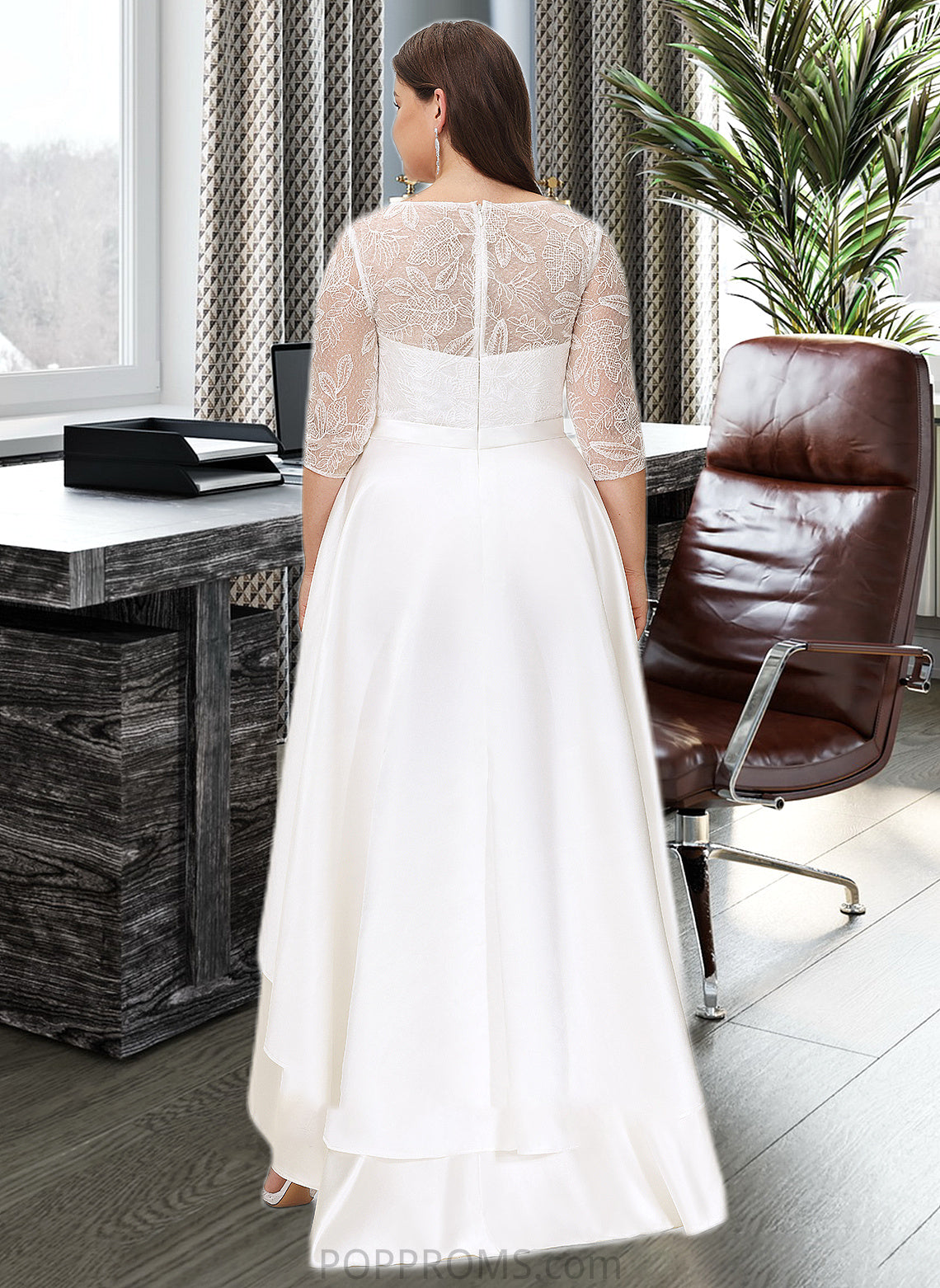 Destinee A-Line Scoop Neck Asymmetrical Satin Lace Wedding Dress PP6P0013684