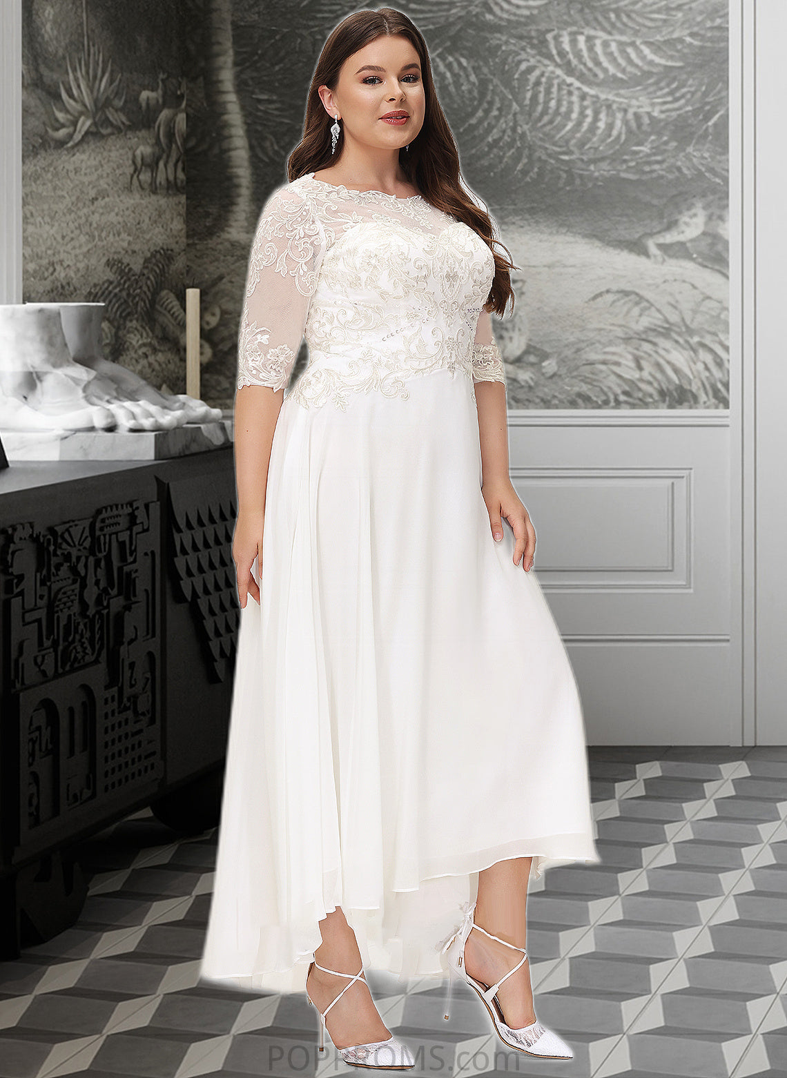 Lexie A-Line Scoop Neck Asymmetrical Chiffon Wedding Dress With Beading Sequins PP6P0013686