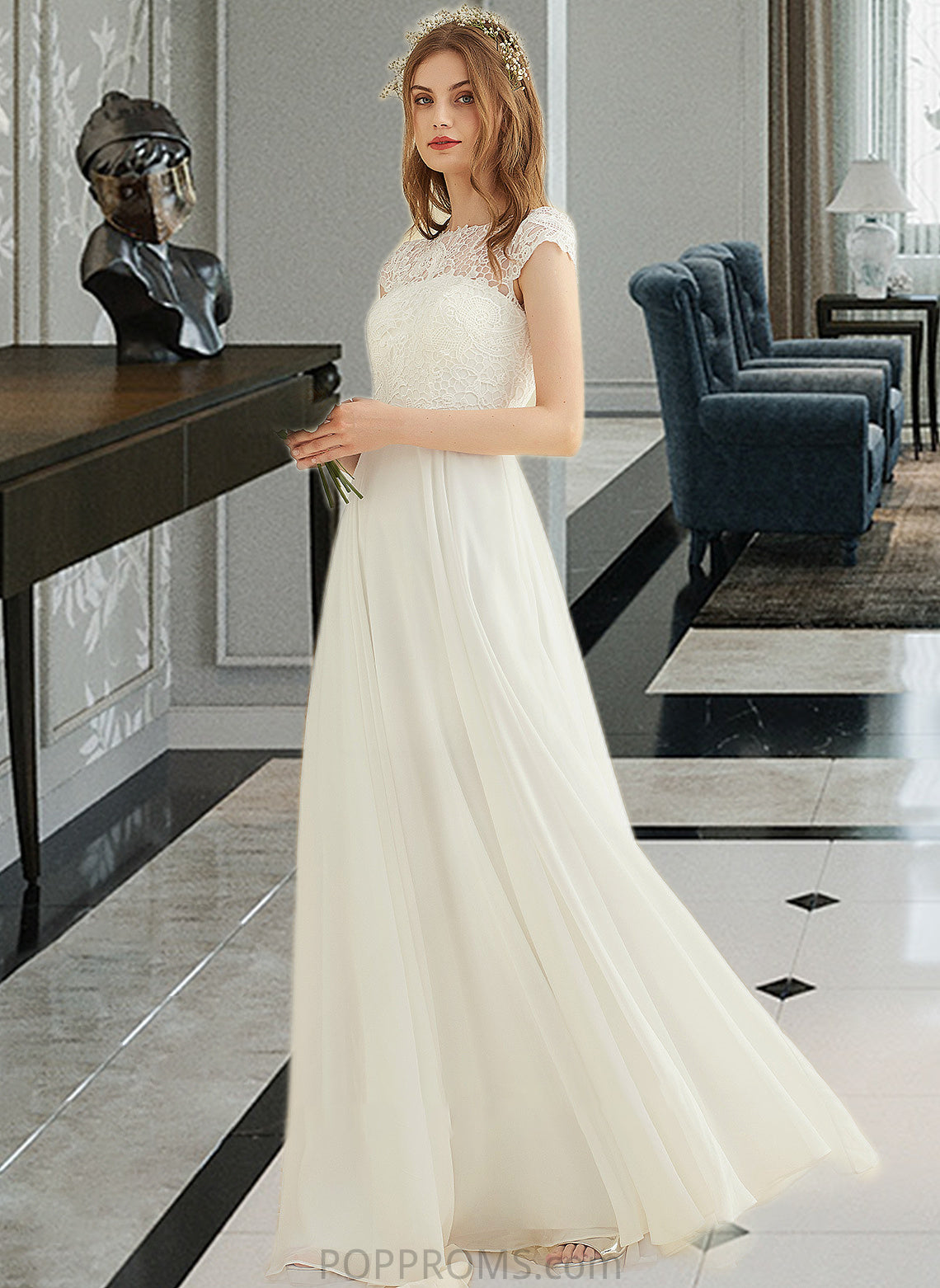 Lainey A-Line Floor-Length Chiffon Lace Wedding Dress PP6P0013687