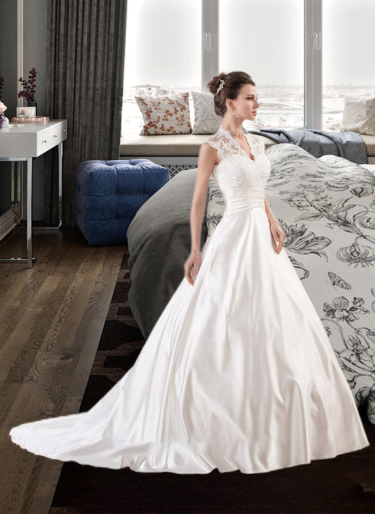 Dakota Ball-Gown/Princess V-neck Court Train Satin Lace Wedding Dress With Ruffle PP6P0013688