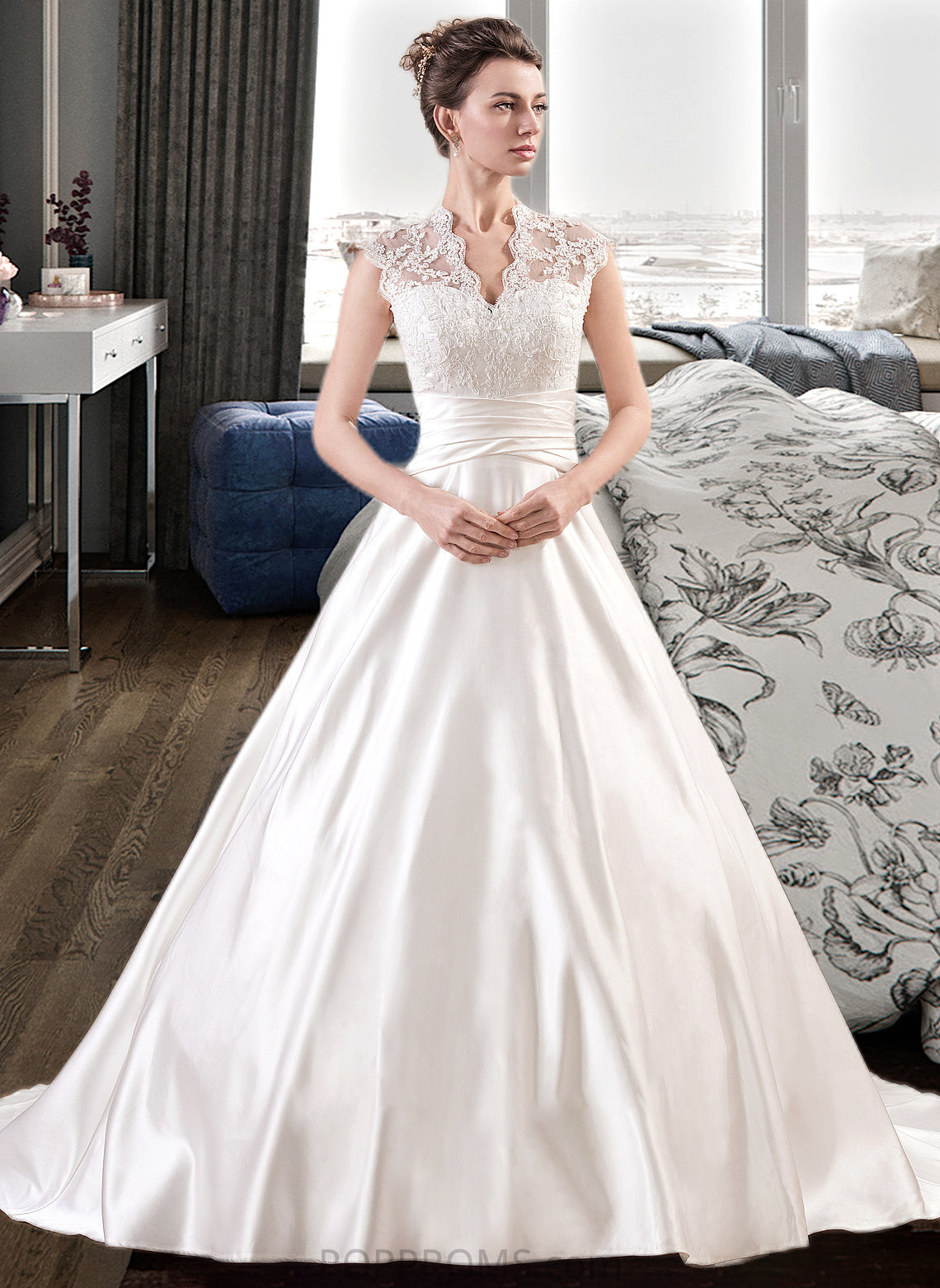 Dakota Ball-Gown/Princess V-neck Court Train Satin Lace Wedding Dress With Ruffle PP6P0013688