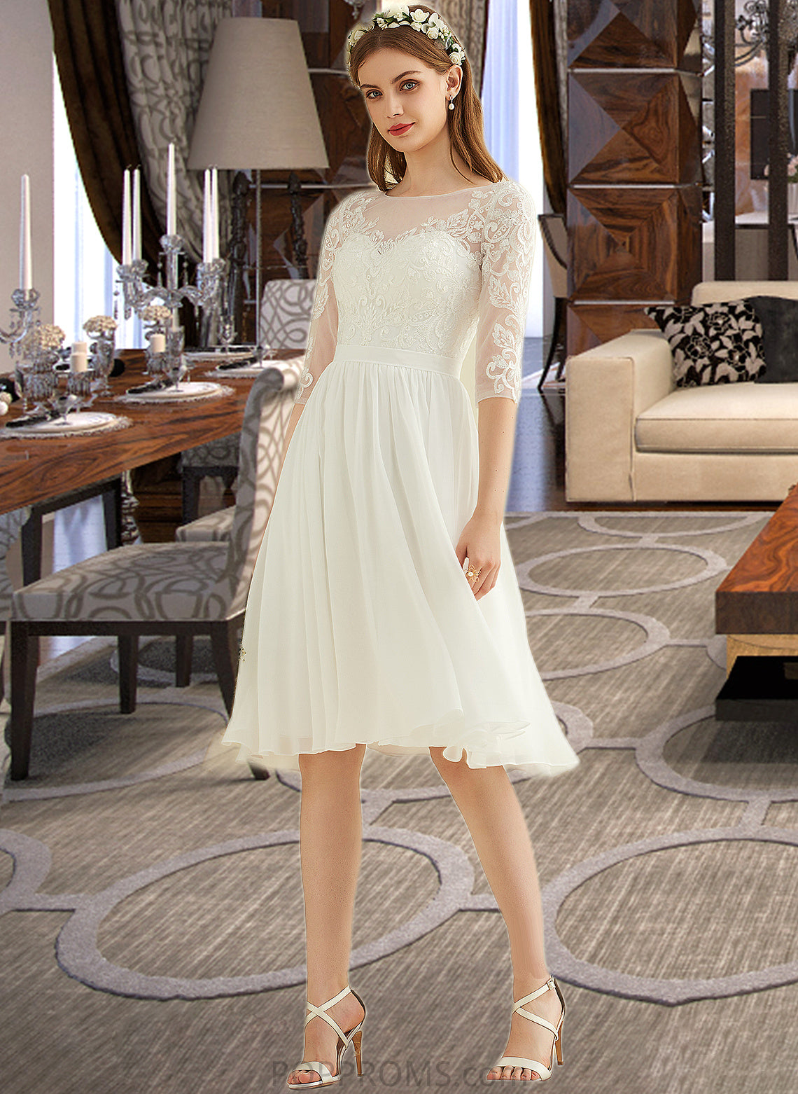 Yazmin A-Line Knee-Length Chiffon Lace Wedding Dress With Sequins PP6P0013689