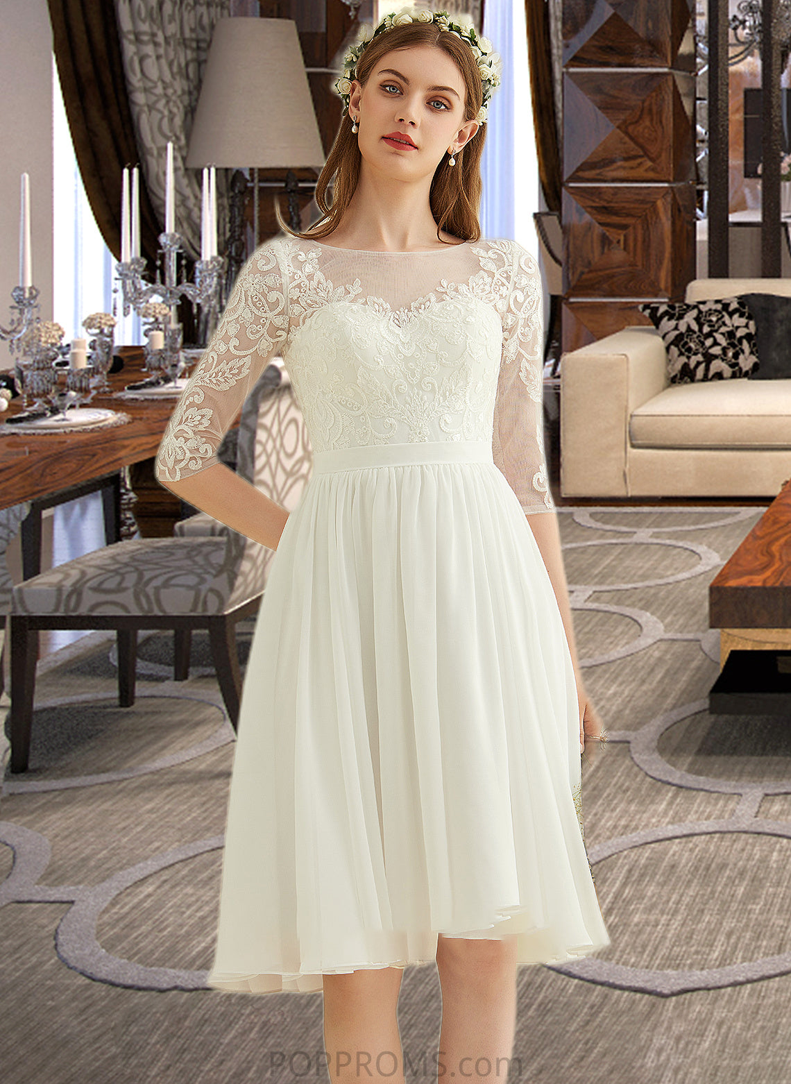 Yazmin A-Line Knee-Length Chiffon Lace Wedding Dress With Sequins PP6P0013689