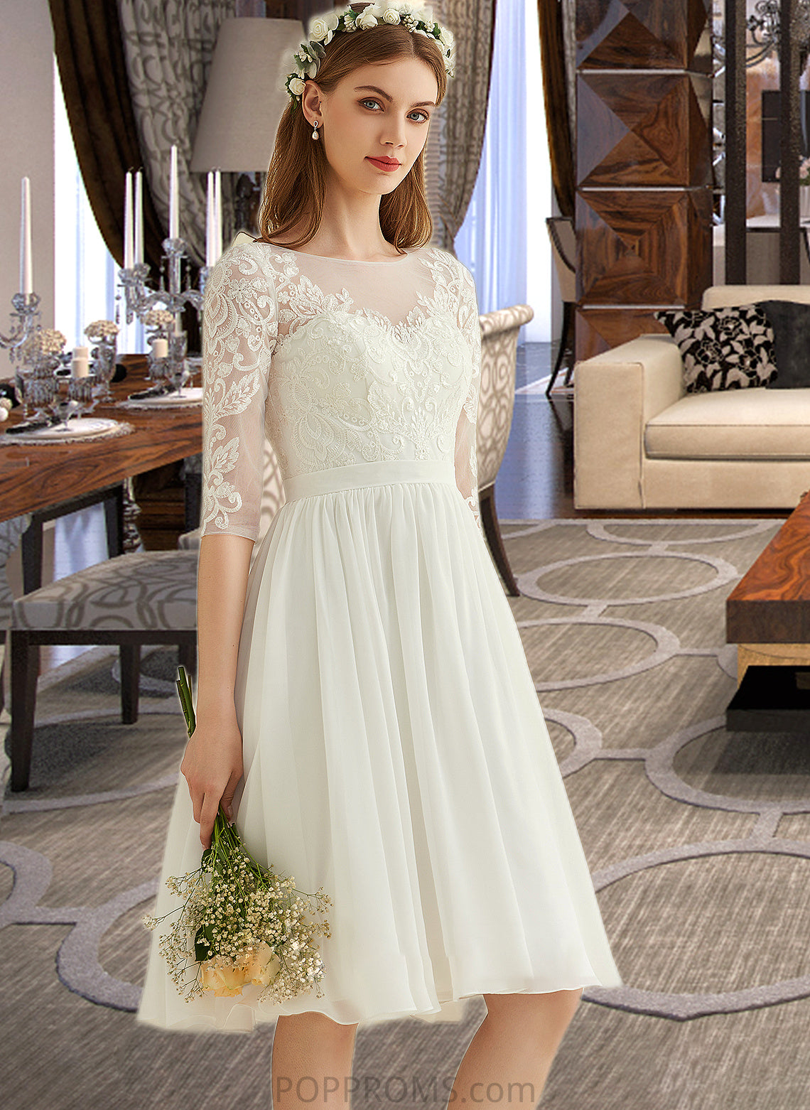 Yazmin A-Line Knee-Length Chiffon Lace Wedding Dress With Sequins PP6P0013689