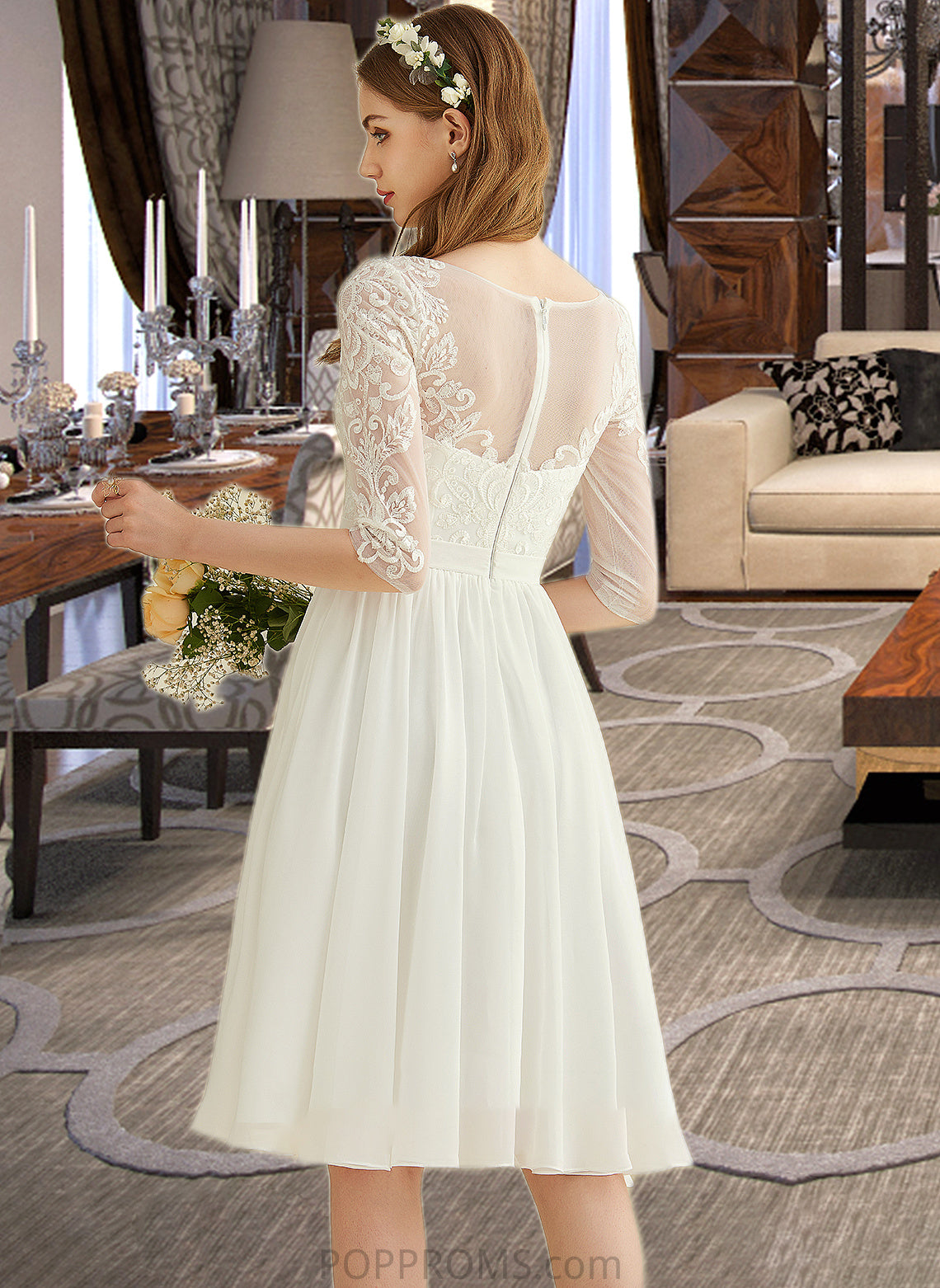 Yazmin A-Line Knee-Length Chiffon Lace Wedding Dress With Sequins PP6P0013689