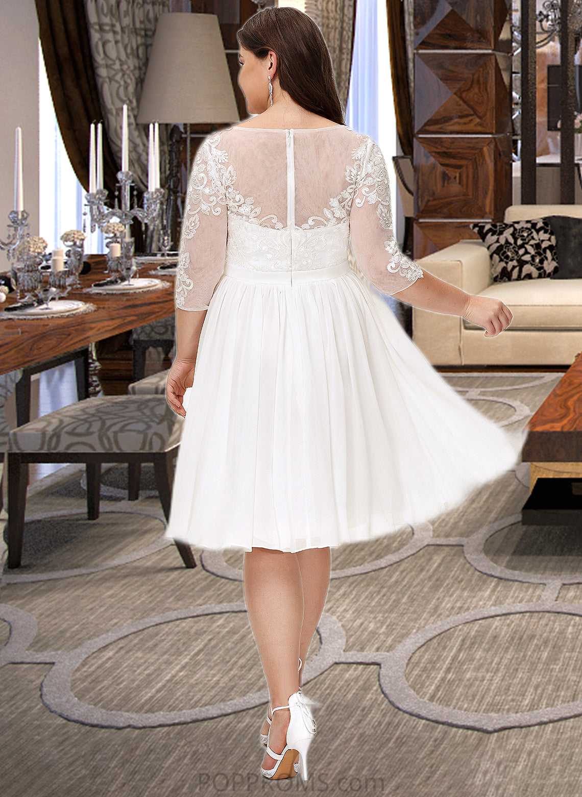 Yazmin A-Line Knee-Length Chiffon Lace Wedding Dress With Sequins PP6P0013689