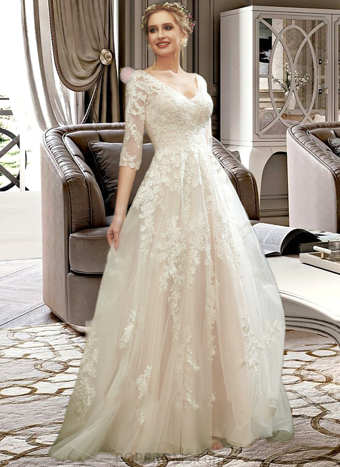 Anaya A-Line V-neck Court Train Wedding Dress With Sequins PP6P0013690