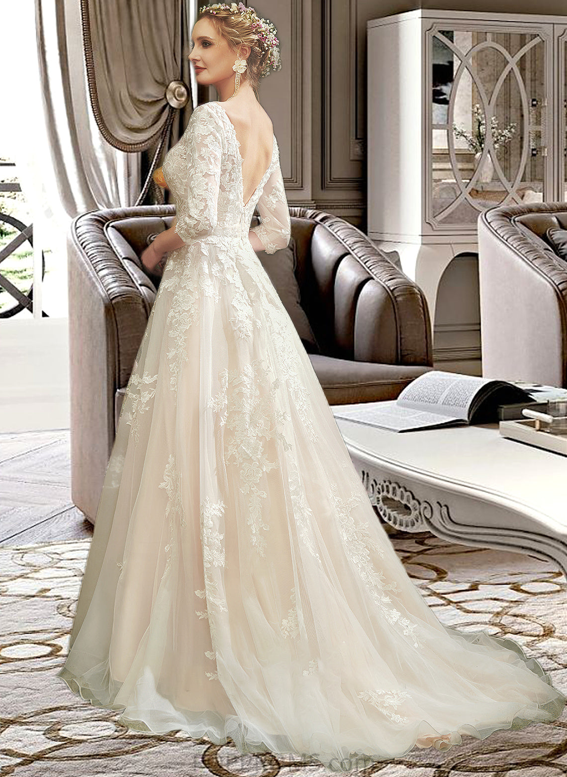 Anaya A-Line V-neck Court Train Wedding Dress With Sequins PP6P0013690