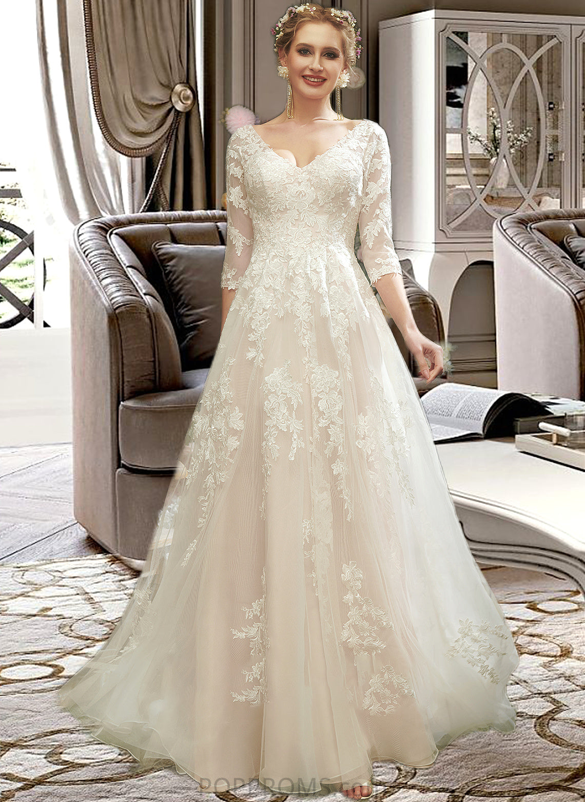 Anaya A-Line V-neck Court Train Wedding Dress With Sequins PP6P0013690