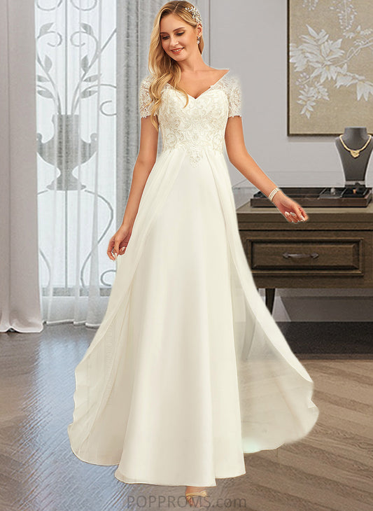 Jaqueline A-Line V-neck Floor-Length Chiffon Lace Wedding Dress With Lace PP6P0013691