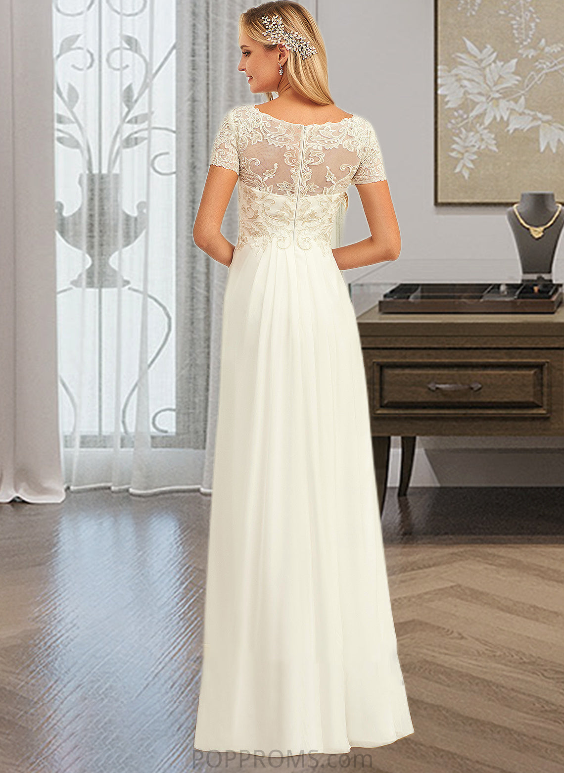 Jaqueline A-Line V-neck Floor-Length Chiffon Lace Wedding Dress With Lace PP6P0013691