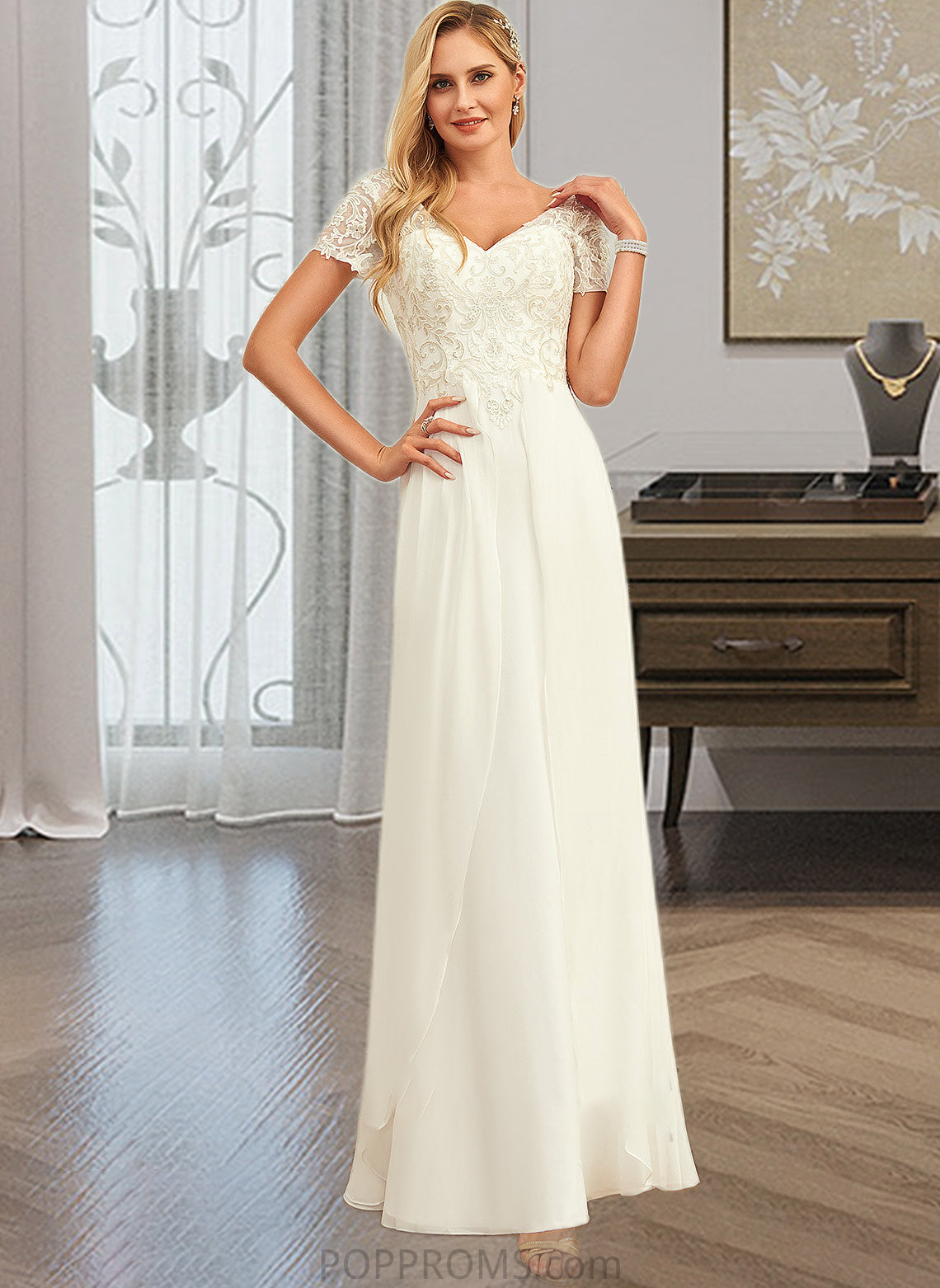 Jaqueline A-Line V-neck Floor-Length Chiffon Lace Wedding Dress With Lace PP6P0013691