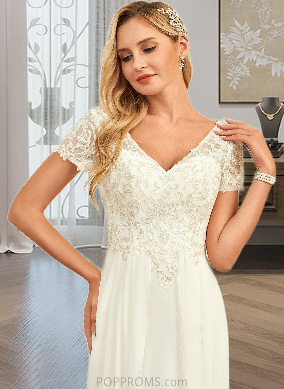 Jaqueline A-Line V-neck Floor-Length Chiffon Lace Wedding Dress With Lace PP6P0013691