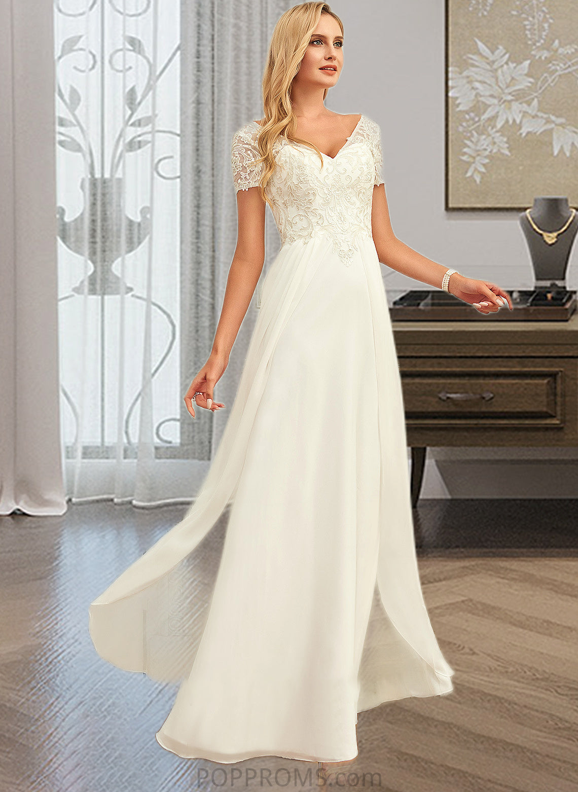 Jaqueline A-Line V-neck Floor-Length Chiffon Lace Wedding Dress With Lace PP6P0013691