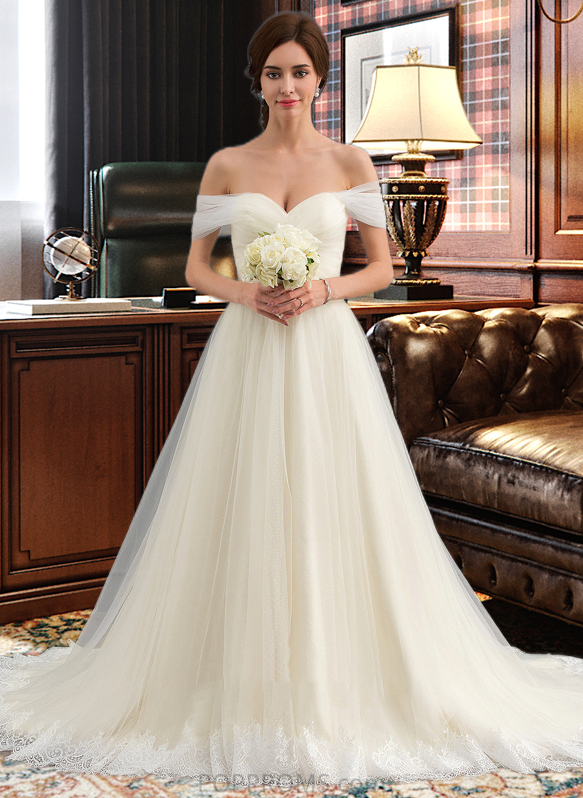 Brylee Ball-Gown/Princess Off-the-Shoulder Court Train Tulle Lace Wedding Dress With Ruffle PP6P0013692