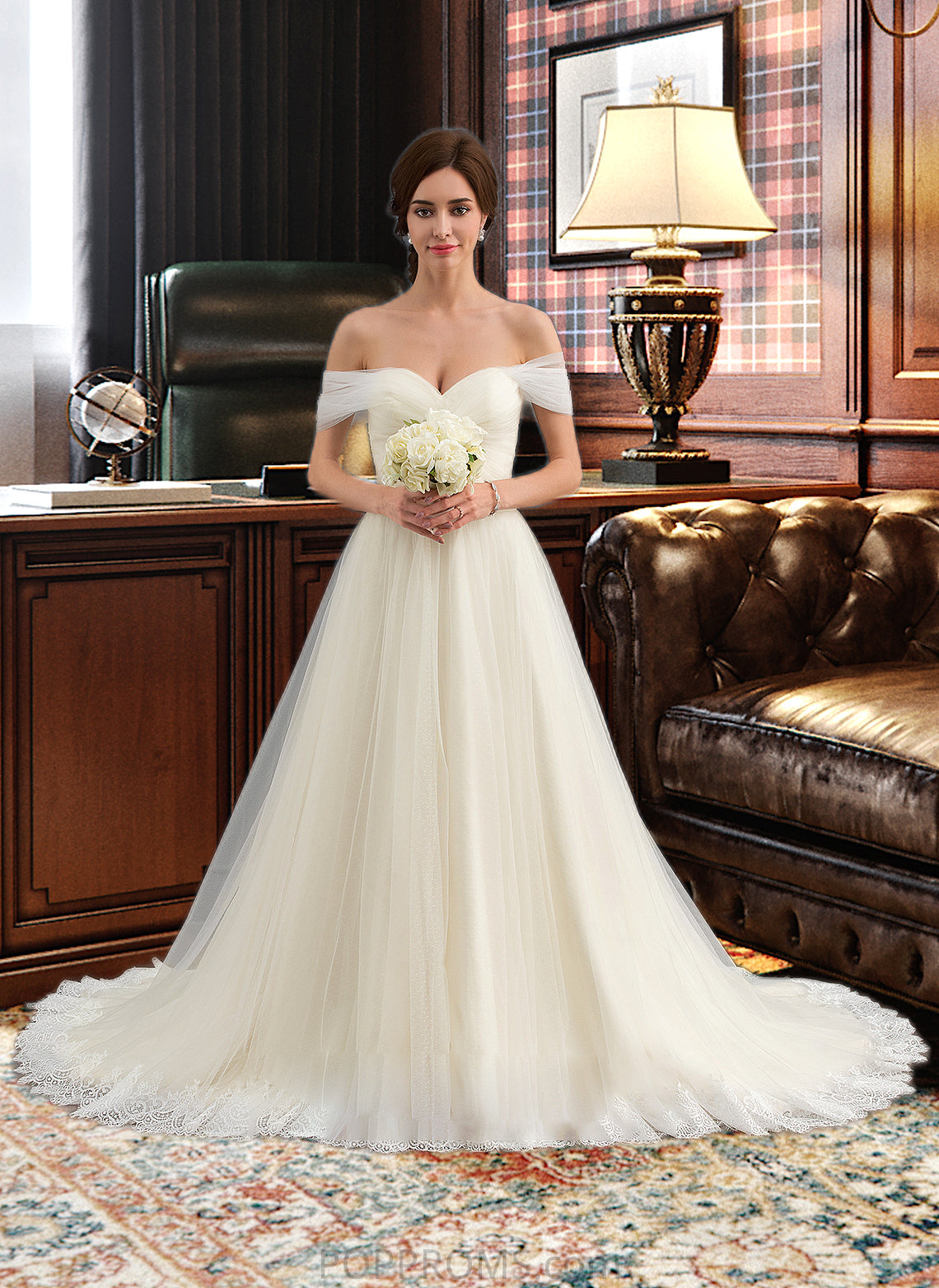 Brylee Ball-Gown/Princess Off-the-Shoulder Court Train Tulle Lace Wedding Dress With Ruffle PP6P0013692