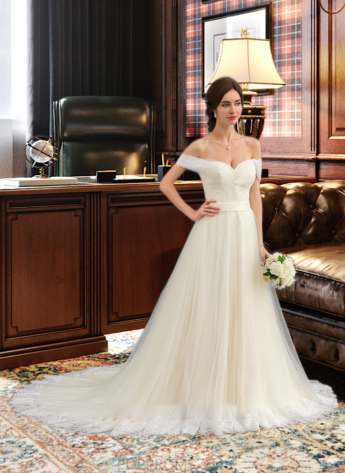 Brylee Ball-Gown/Princess Off-the-Shoulder Court Train Tulle Lace Wedding Dress With Ruffle PP6P0013692