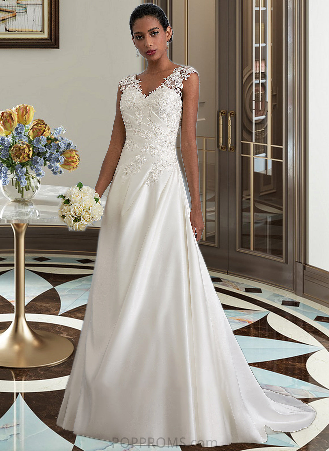 Miah Ball-Gown/Princess V-neck Sweep Train Satin Wedding Dress With Ruffle Beading Sequins PP6P0013693