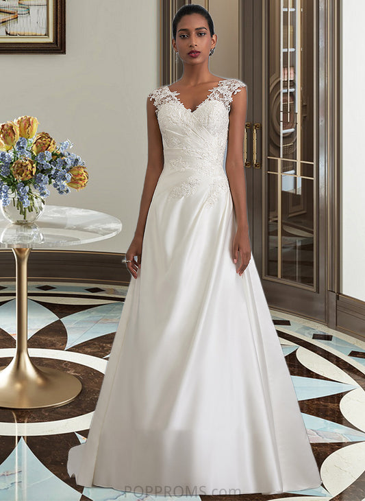 Miah Ball-Gown/Princess V-neck Sweep Train Satin Wedding Dress With Ruffle Beading Sequins PP6P0013693