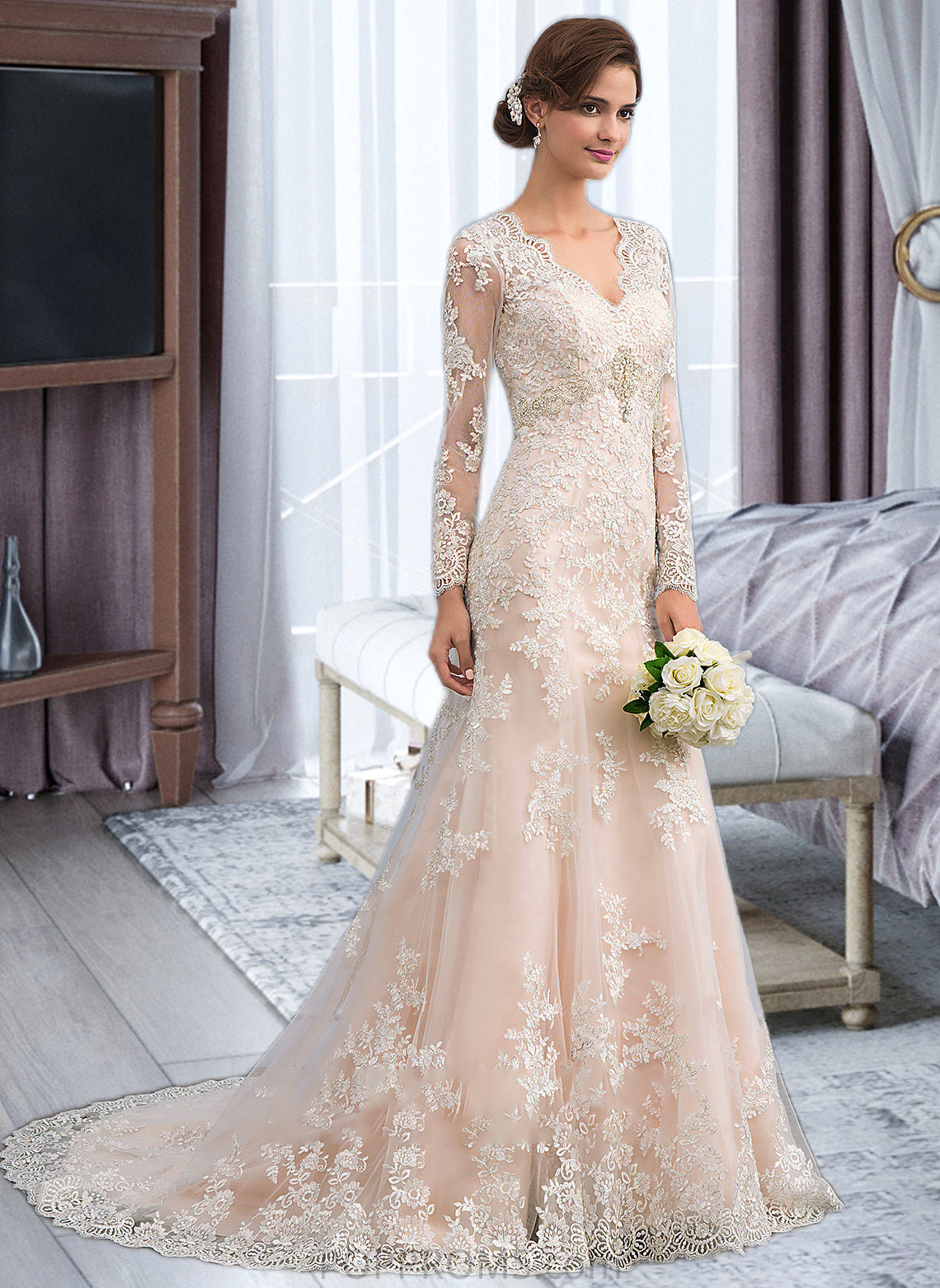 Aileen Trumpet/Mermaid V-neck Court Train Tulle Lace Wedding Dress PP6P0013694