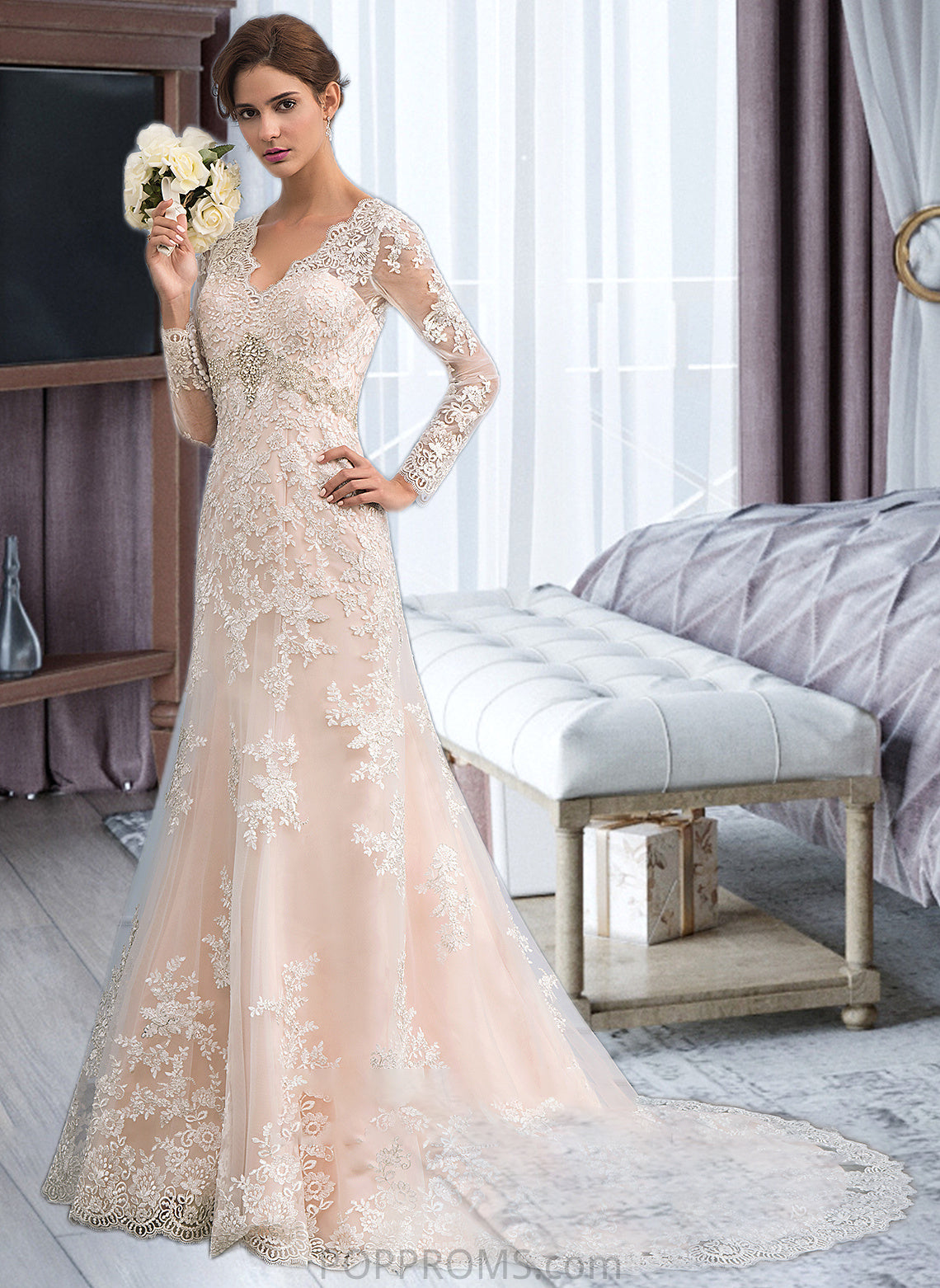 Aileen Trumpet/Mermaid V-neck Court Train Tulle Lace Wedding Dress PP6P0013694