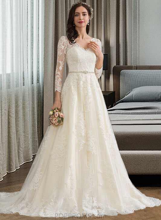 Tamia Ball-Gown/Princess V-neck Chapel Train Tulle Wedding Dress With Beading Sequins PP6P0013695