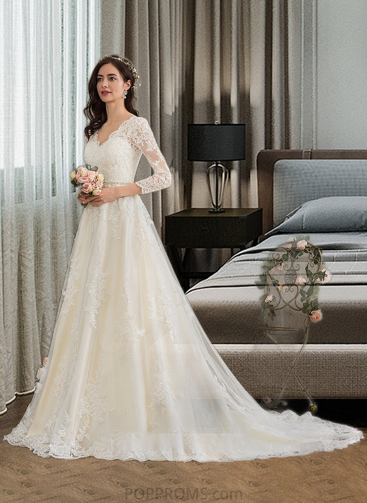 Tamia Ball-Gown/Princess V-neck Chapel Train Tulle Wedding Dress With Beading Sequins PP6P0013695