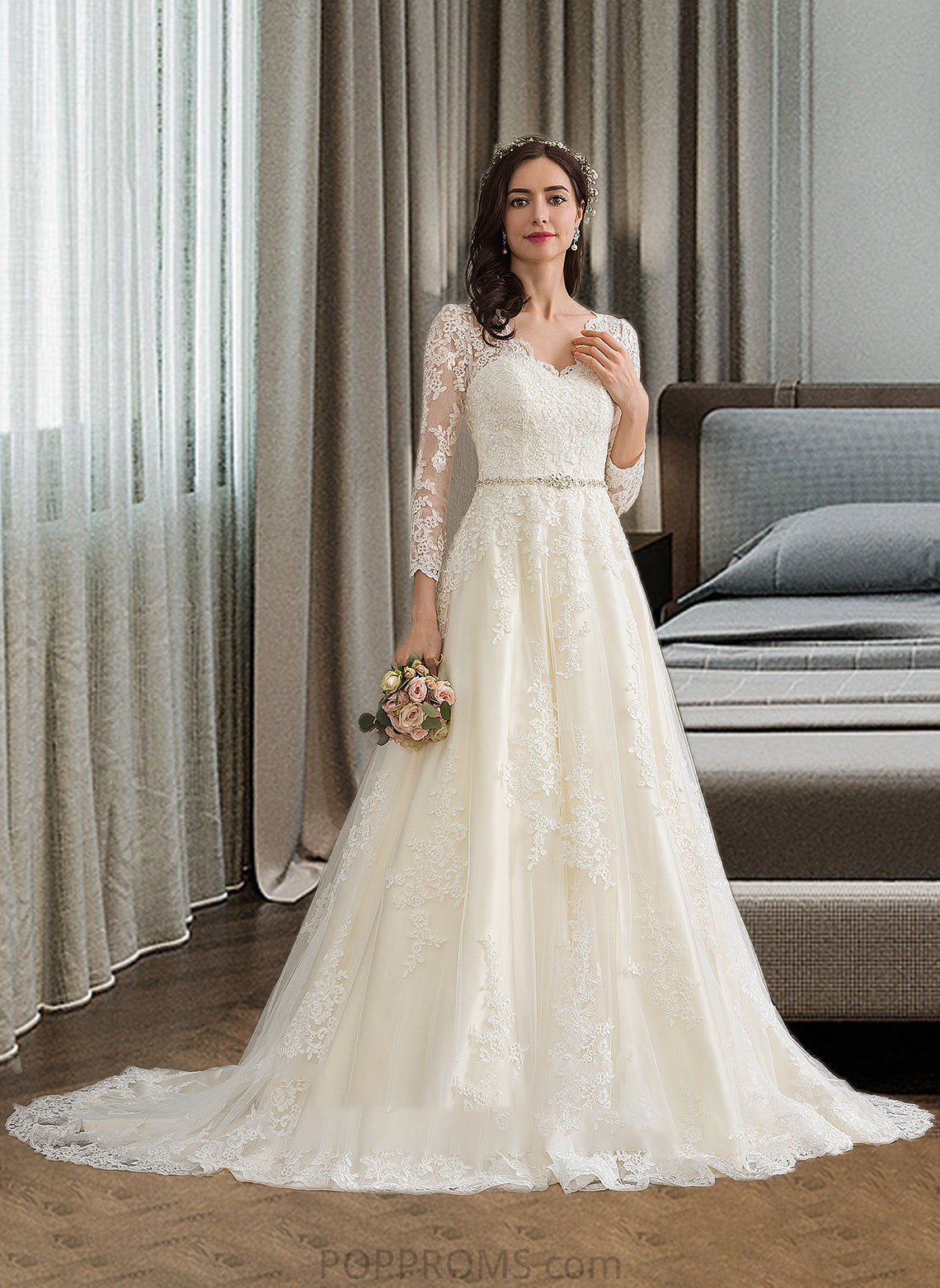 Tamia Ball-Gown/Princess V-neck Chapel Train Tulle Wedding Dress With Beading Sequins PP6P0013695