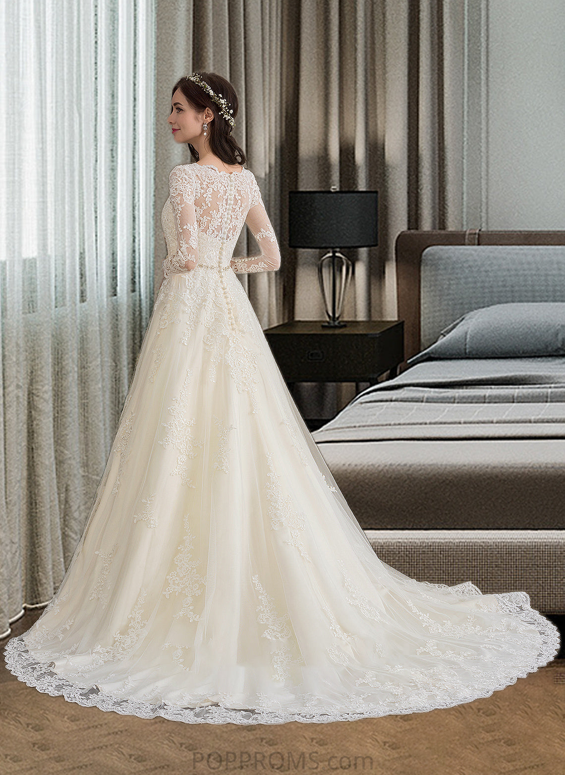 Tamia Ball-Gown/Princess V-neck Chapel Train Tulle Wedding Dress With Beading Sequins PP6P0013695