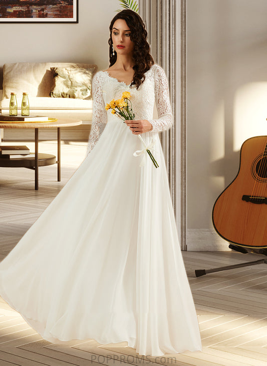 Rylie A-Line V-neck Sweep Train Wedding Dress With Lace PP6P0013696