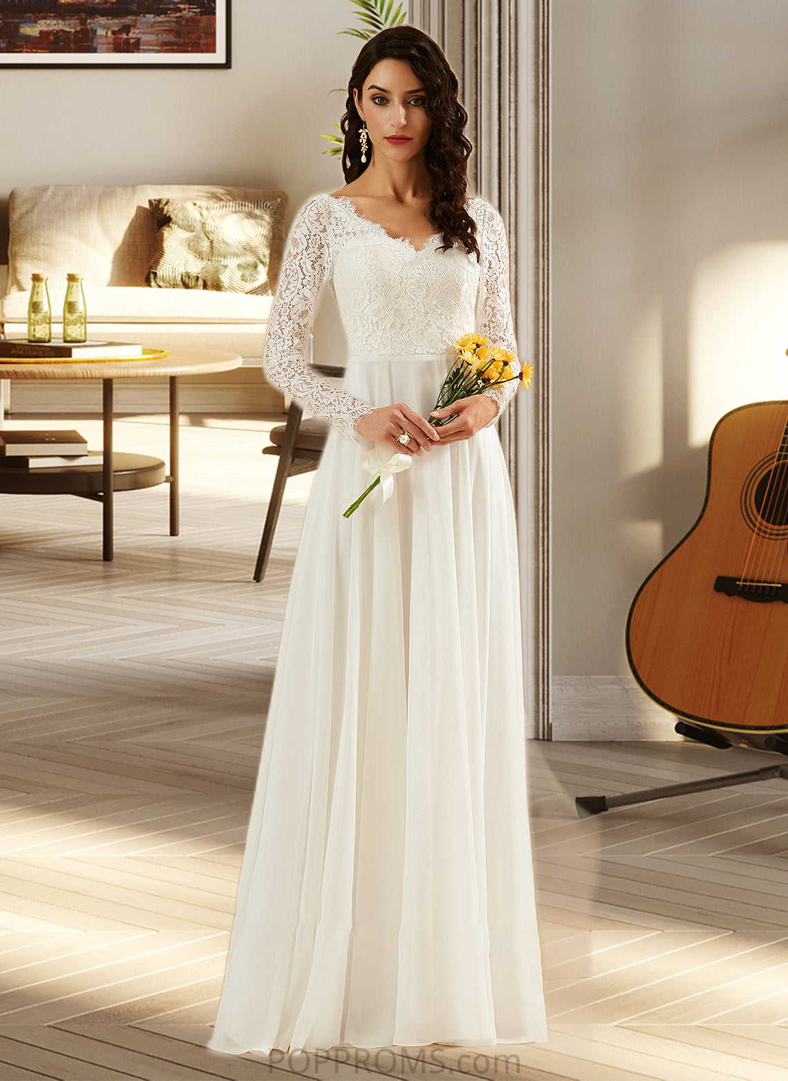 Rylie A-Line V-neck Sweep Train Wedding Dress With Lace PP6P0013696