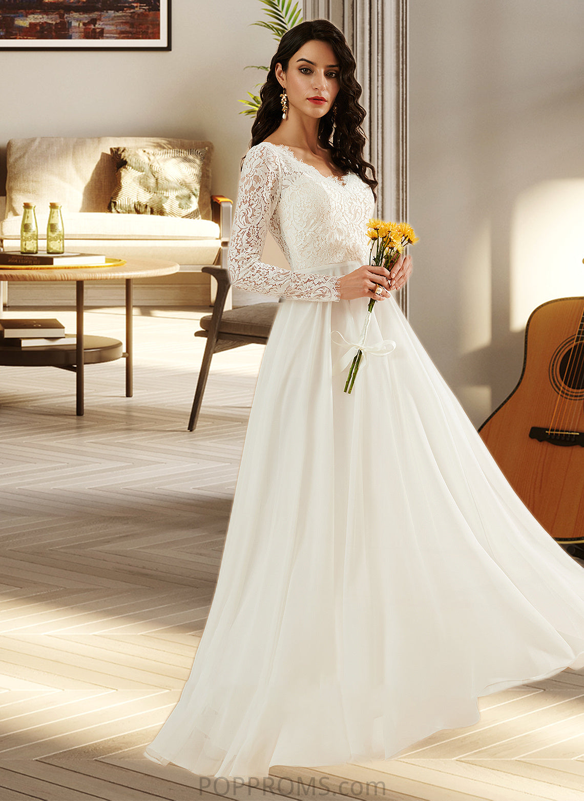 Rylie A-Line V-neck Sweep Train Wedding Dress With Lace PP6P0013696