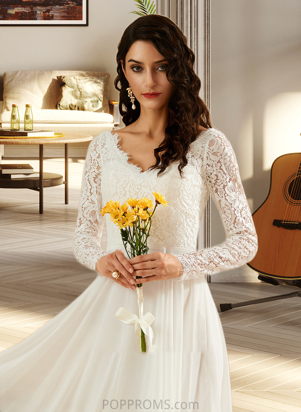 Rylie A-Line V-neck Sweep Train Wedding Dress With Lace PP6P0013696