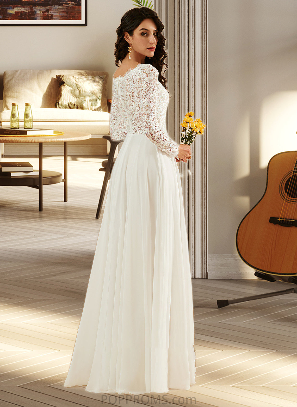 Rylie A-Line V-neck Sweep Train Wedding Dress With Lace PP6P0013696