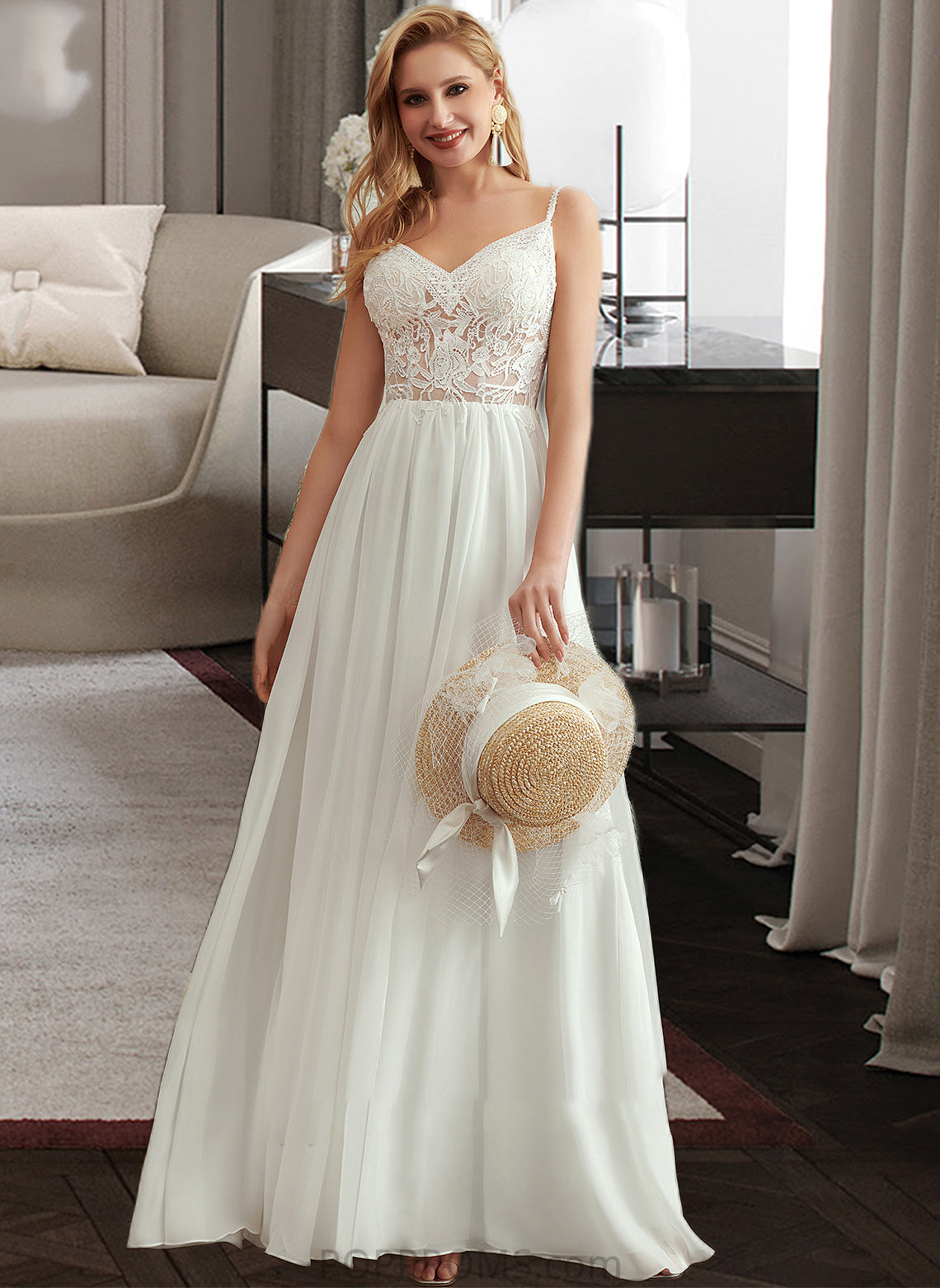 Karlee A-Line V-neck Floor-Length Wedding Dress With Beading Split Front PP6P0013697