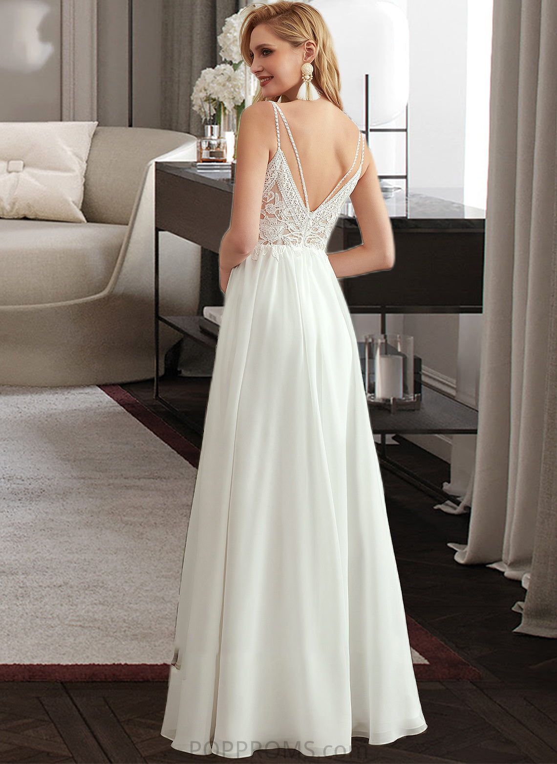 Karlee A-Line V-neck Floor-Length Wedding Dress With Beading Split Front PP6P0013697