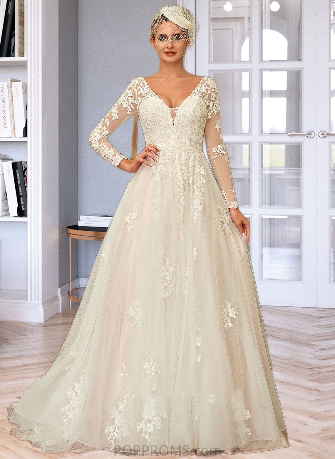 Alani Ball-Gown/Princess V-neck Sweep Train Tulle Lace Wedding Dress PP6P0013698